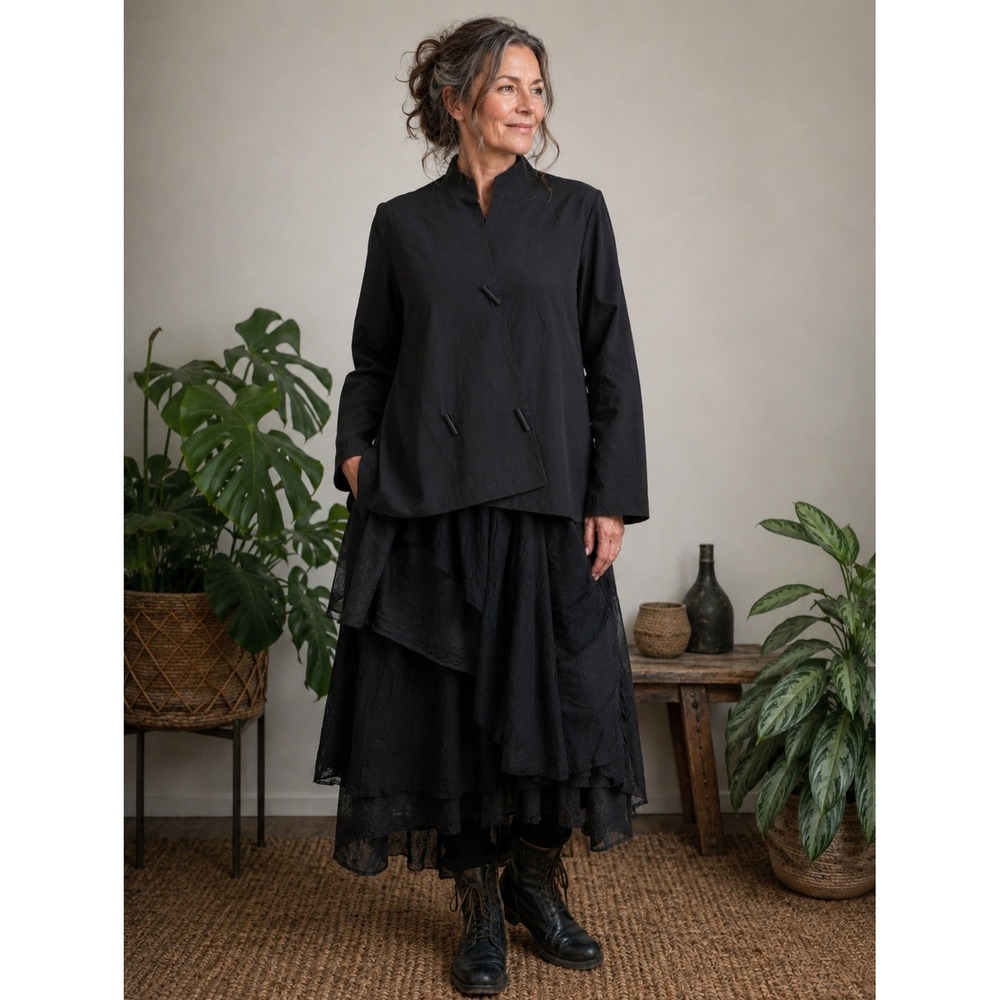 F.H. Clothing Co. Black Asymmetrical Toggle Wrap Jacket XL Lagenlook Minimalist